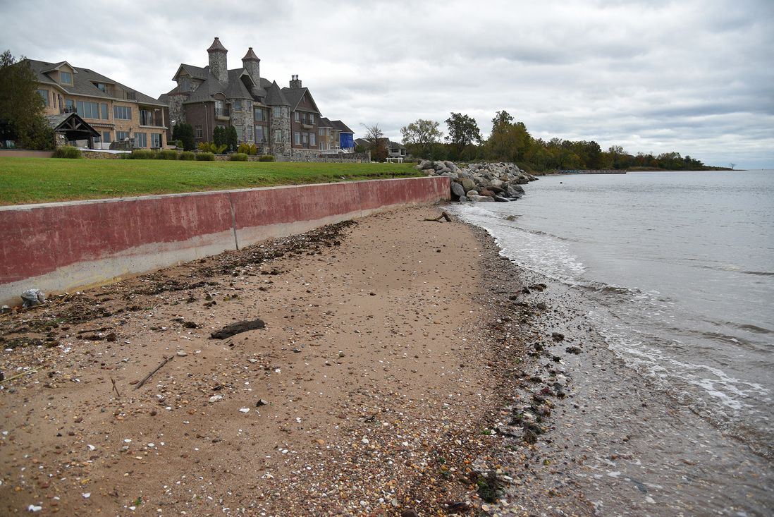 A large section of the coastline in Tottenville is outside of the TrapBag barrier.  Homes here are protected by little more than low concrete walls and piles of rocks, October 27th, 2021.